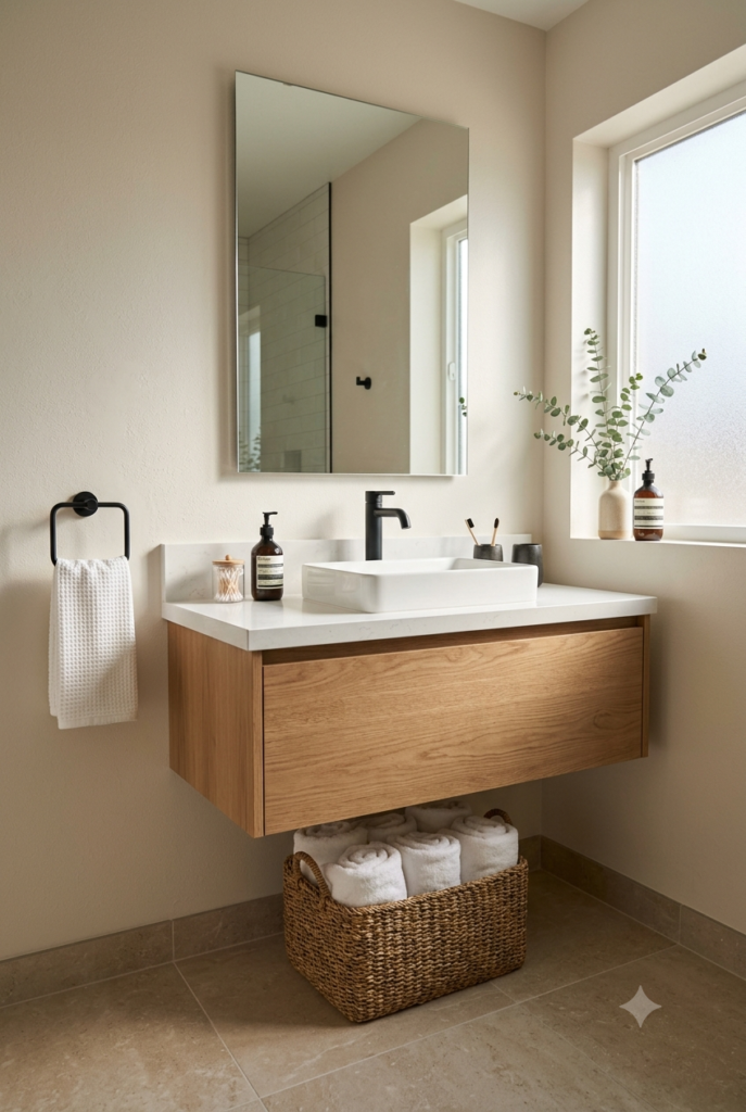Modern small bathroom with a floating oak vanity, white quartz countertop, and large frameless mirror