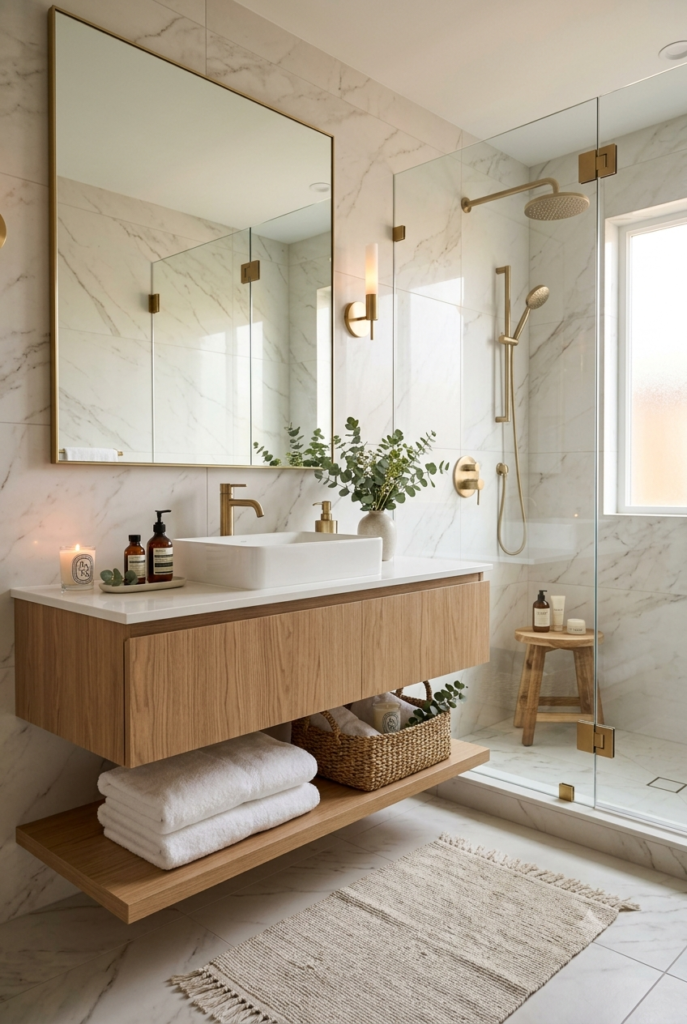 Oversized frameless mirror reflecting natural light in a compact bathroom.