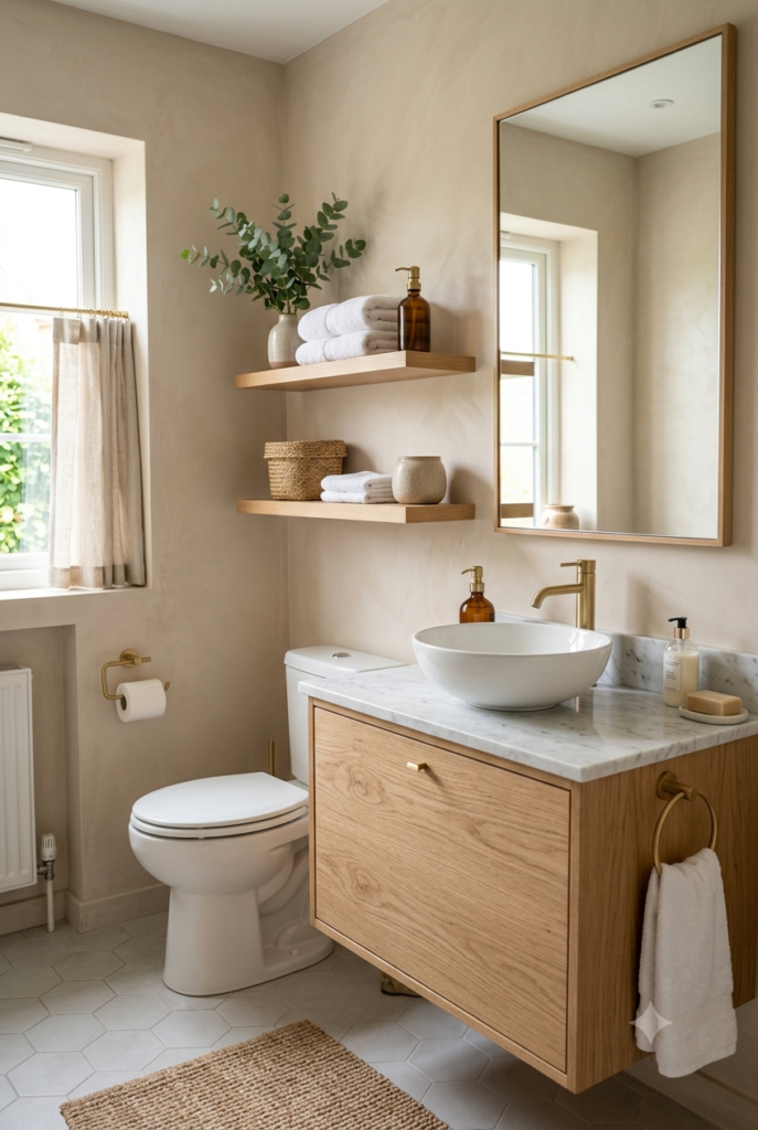 Scandinavian bathroom with oak vanity and floating wood shelves
