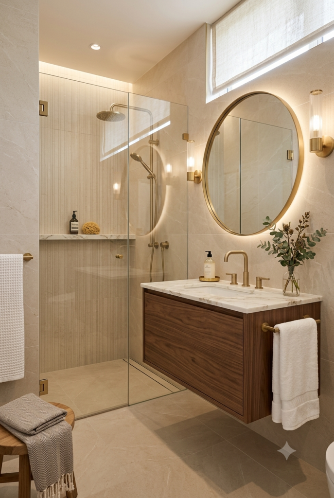 Small bathroom with oversized porcelain floor and wall tiles
