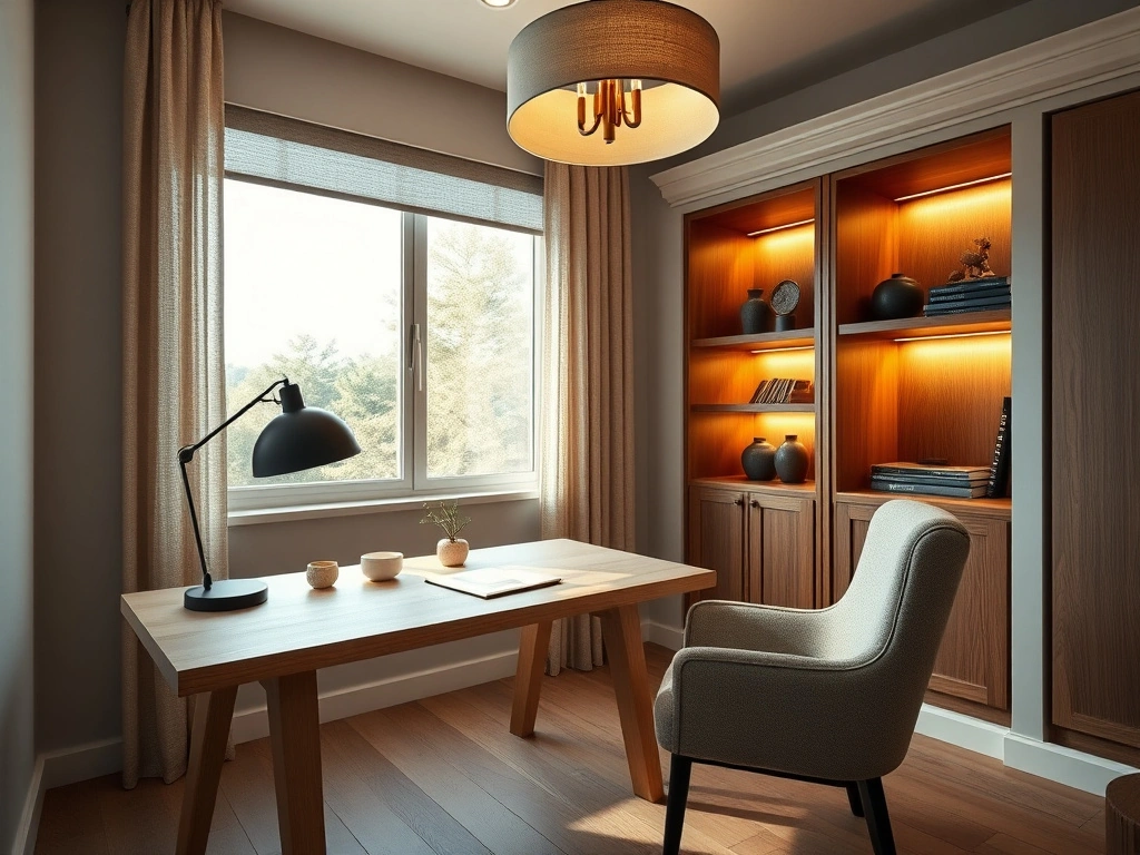 A sophisticated home office, eye-level shot using a . the room features a layered lighting scheme: a sculptural matte black...