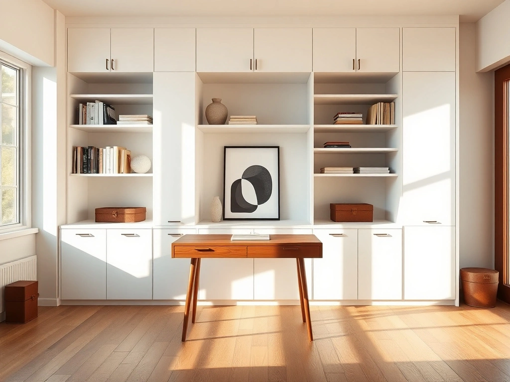 A sophisticated minimalist home office. the focal point is a sleek, floor-to-ceiling built-in cabinetry system in a matte...