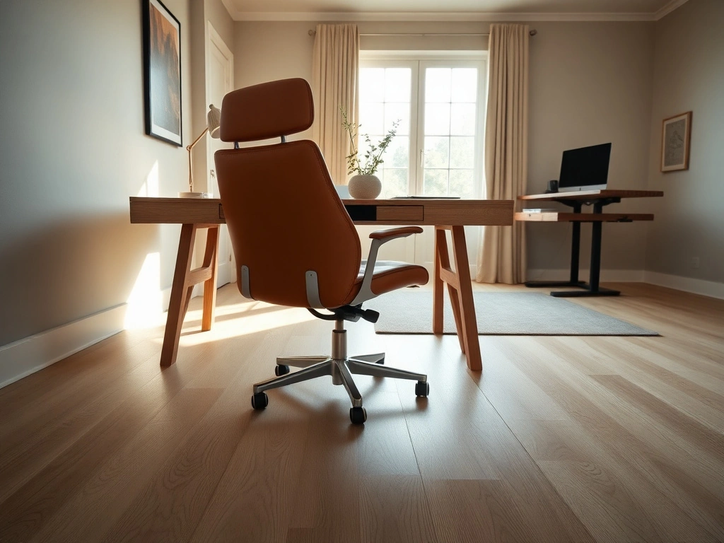 A sophisticated home office, eye-level shot with a . a high-end ergonomic desk chair upholstered in rich cognac-colored...