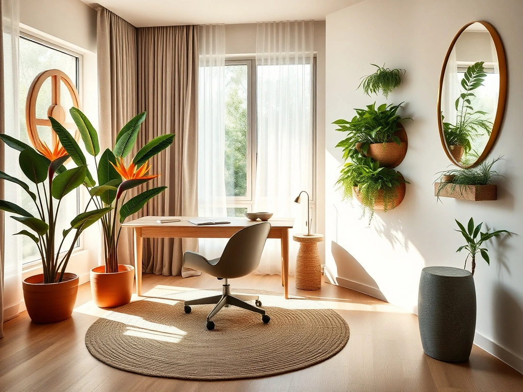 A luxurious home office featuring biophilic design. a large, vibrant bird of paradise plant in a terracotta pot stands in...