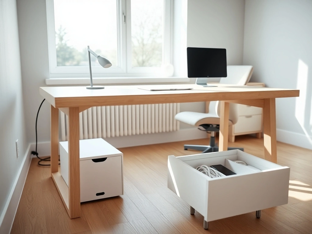 A minimalist, high-end home office workspace. the focus is on a sleek white oak desk with a clean, clutter-free surface...