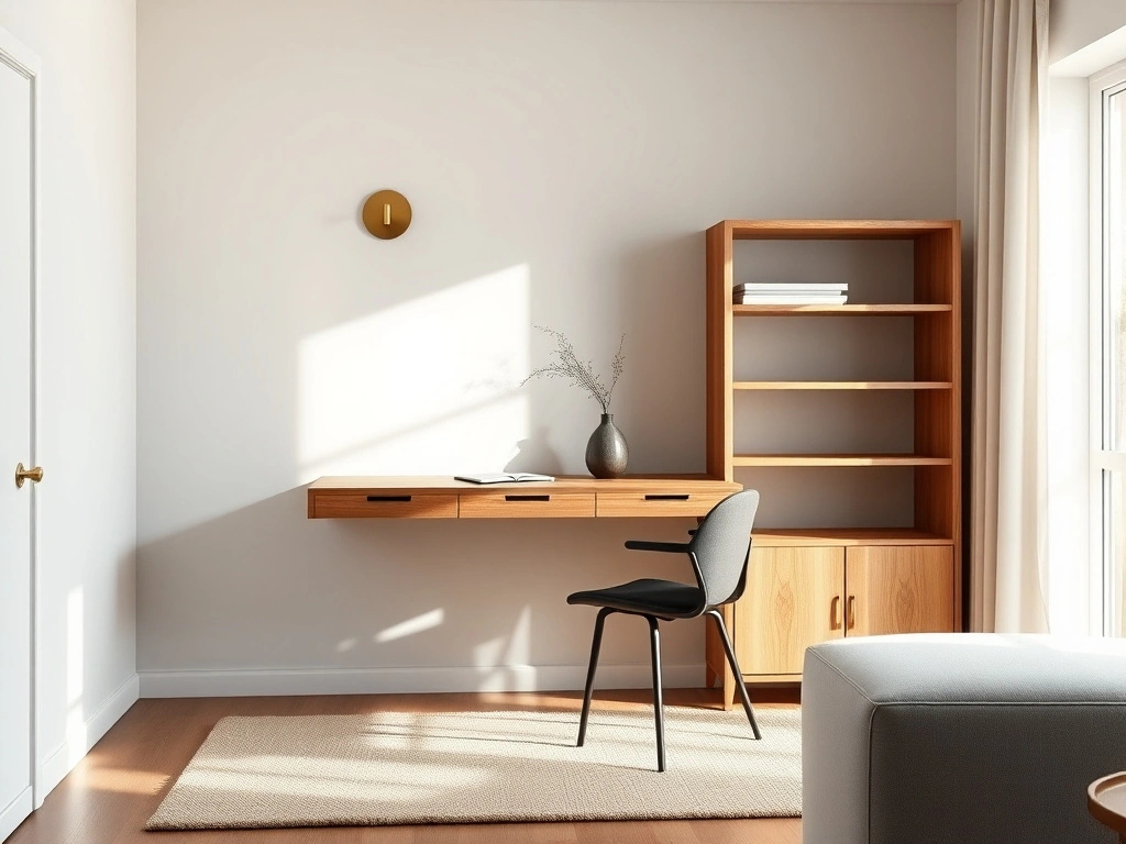 A compact, sophisticated home office nook integrated into a stylish living room. a sleek, wall-mounted walnut floating desk...