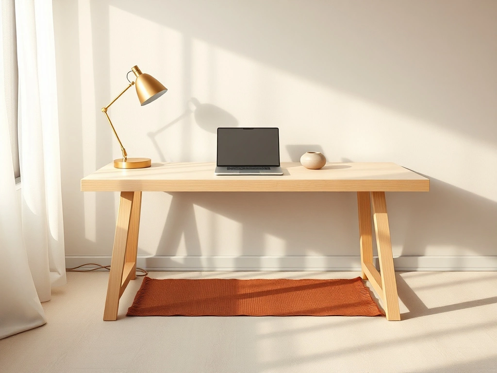 A minimalist home office desk, . the scene features a sleek, warm white solid oak desk with an ergonomic silhouette placed...