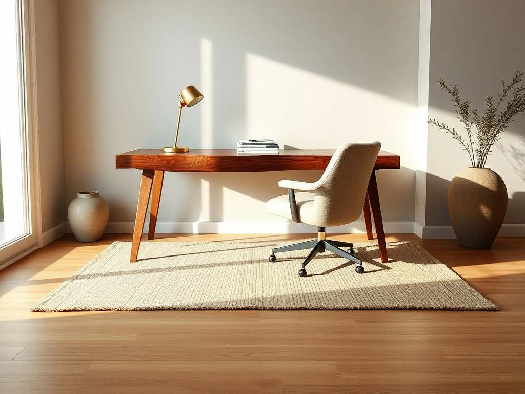 A sophisticated home office. the focal point is a large live-edge walnut wood desk, balanced by a comfortable office chair...