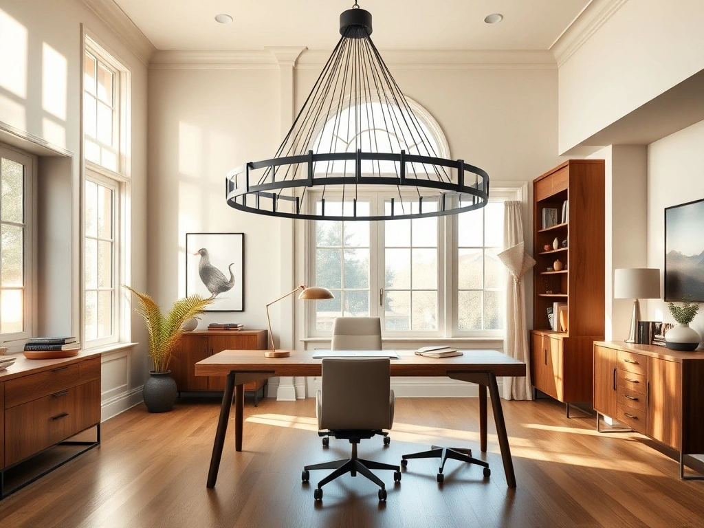 A luxurious home office featuring a large, sculptural matte black metal chandelier suspended centrally above a sophisticated...