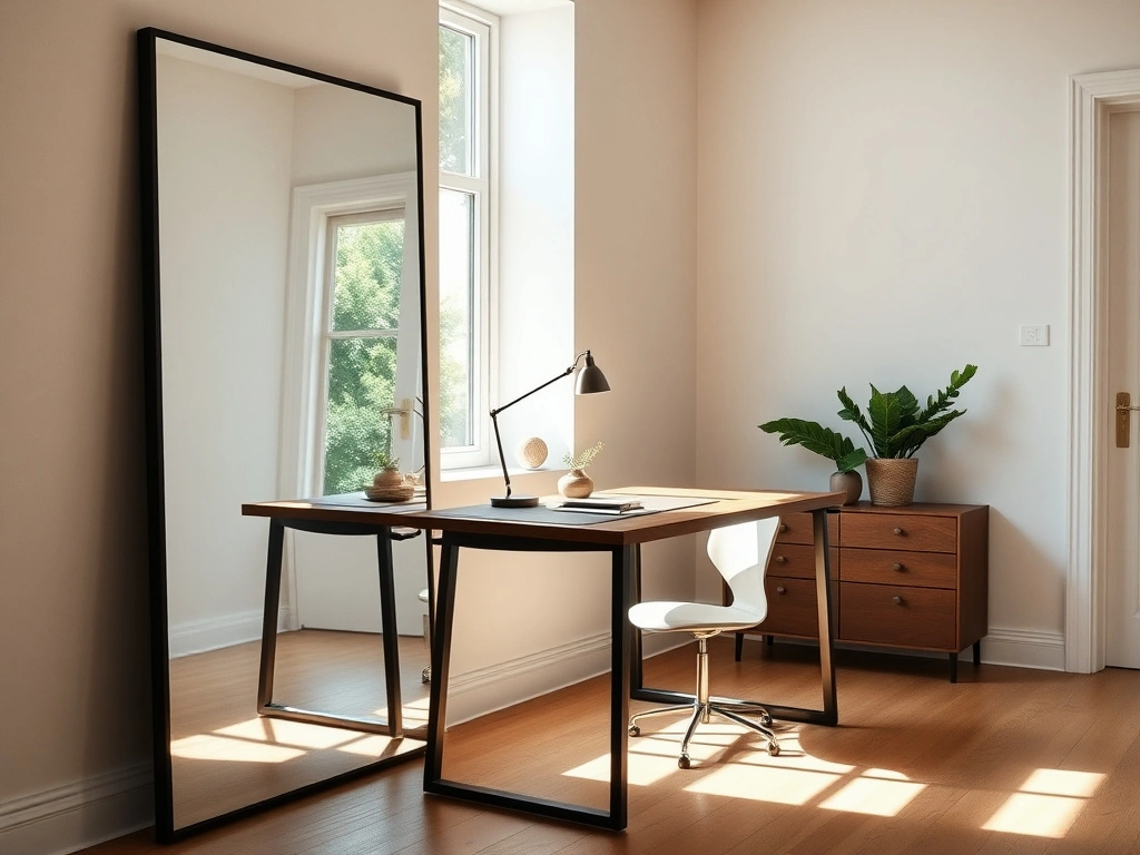 A sophisticated, productive home office. a large, oversized floor mirror with a slim, matte black metal frame is positioned...