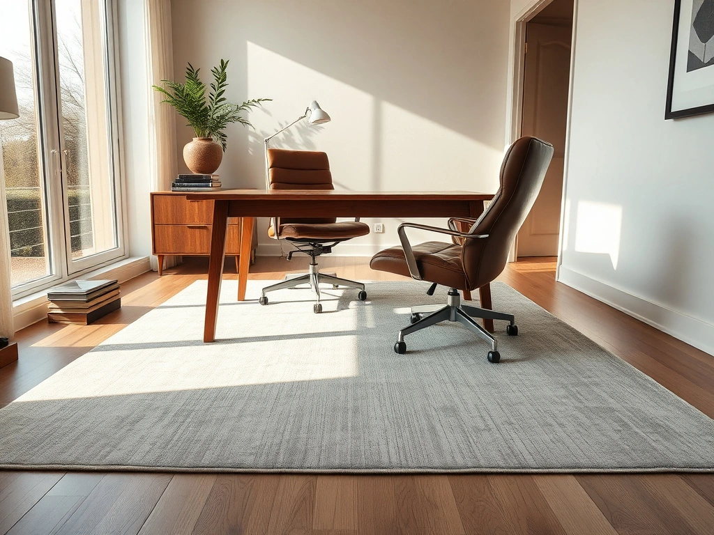 A sophisticated home office setup, eye-level shot with a 35mm professional lens, focusing on a high-quality, low-pile wool...