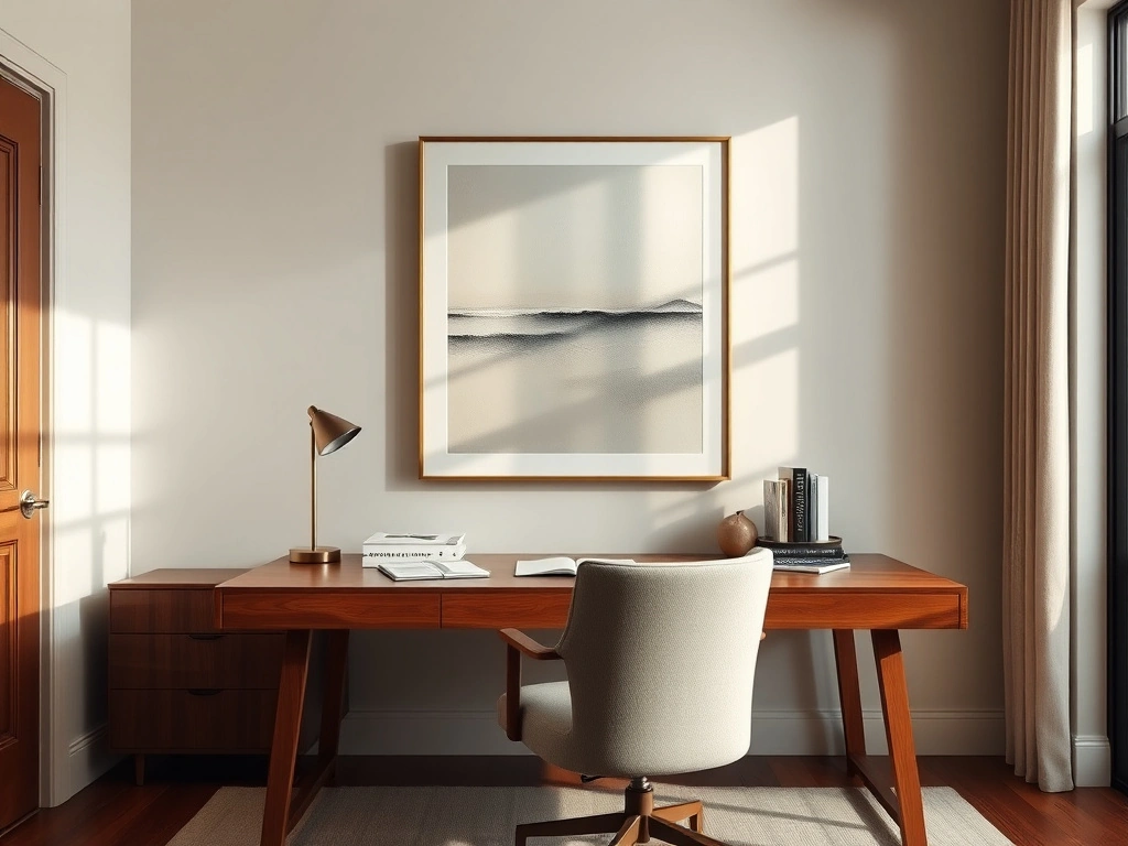 A sophisticated home office, eye-level shot using a . a single large-scale, atmospheric abstract painting with muted...