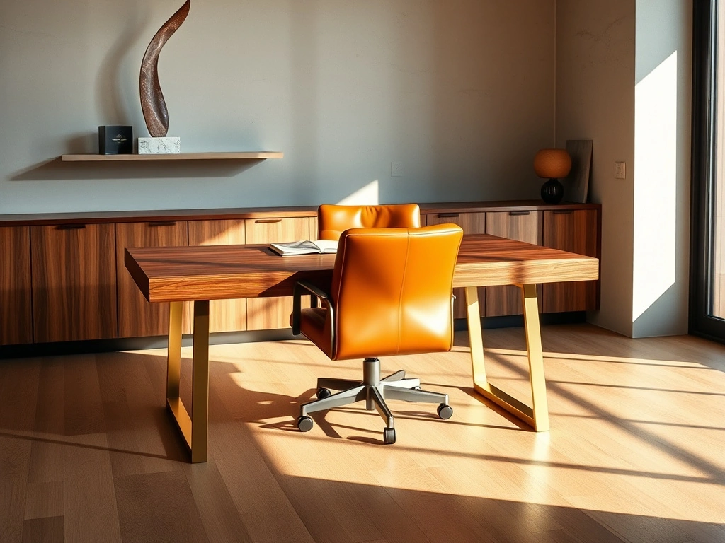A sophisticated home office, showcasing a high-end material palette. the focal point is a bespoke executive desk featuring a...