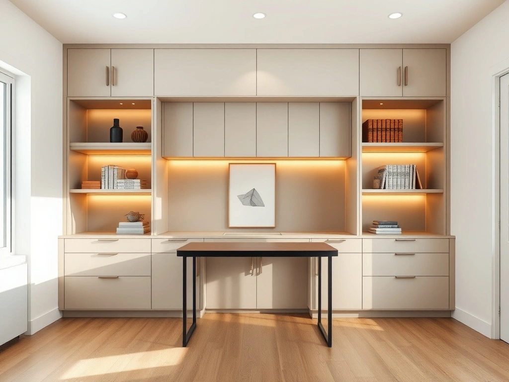 A sophisticated home office featuring floor-to-ceiling custom cabinetry in a soft, matte greige finish. the cabinetry is...