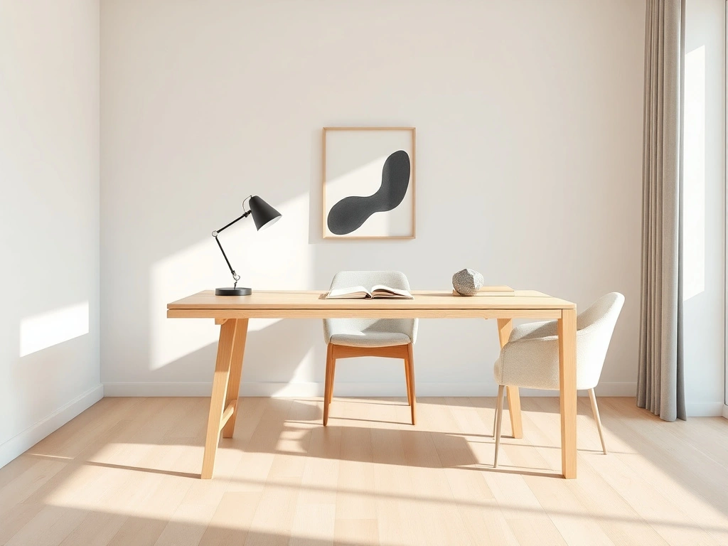A serene, minimalist home office. a sleek, white oak desk is positioned away from the walls in the center of a light-filled...