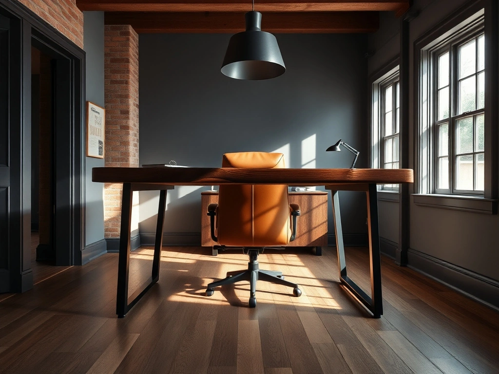 A luxurious masculine home office. the centerpiece is a heavy, live-edge dark walnut desk with a sturdy matte black iron...