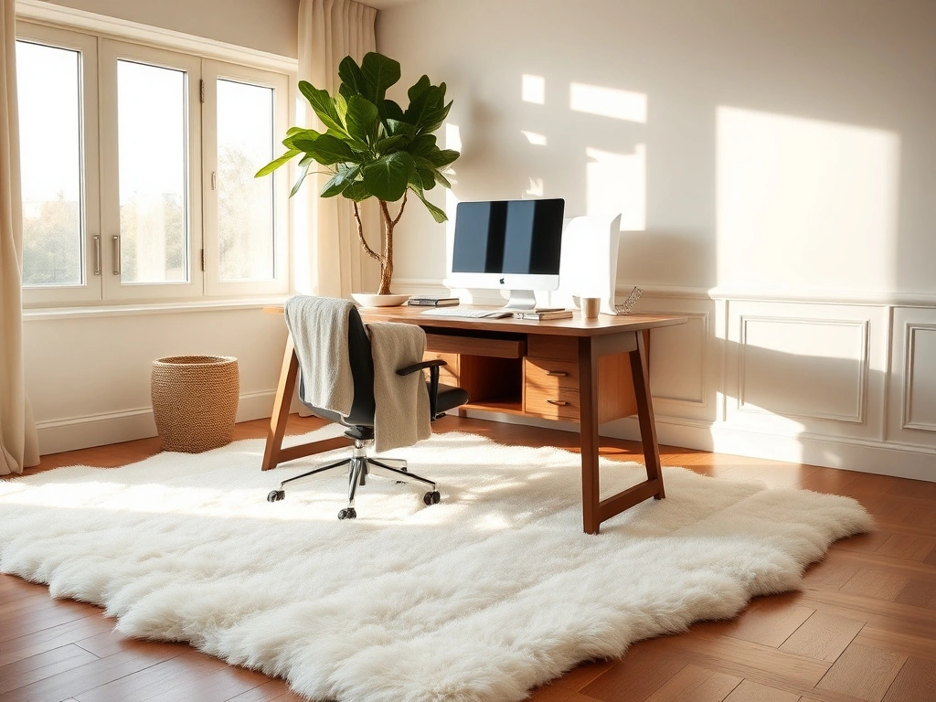 A sophisticated home office, , featuring a sleek walnut desk on a plush, oversized cream-colored wool area rug that softens...