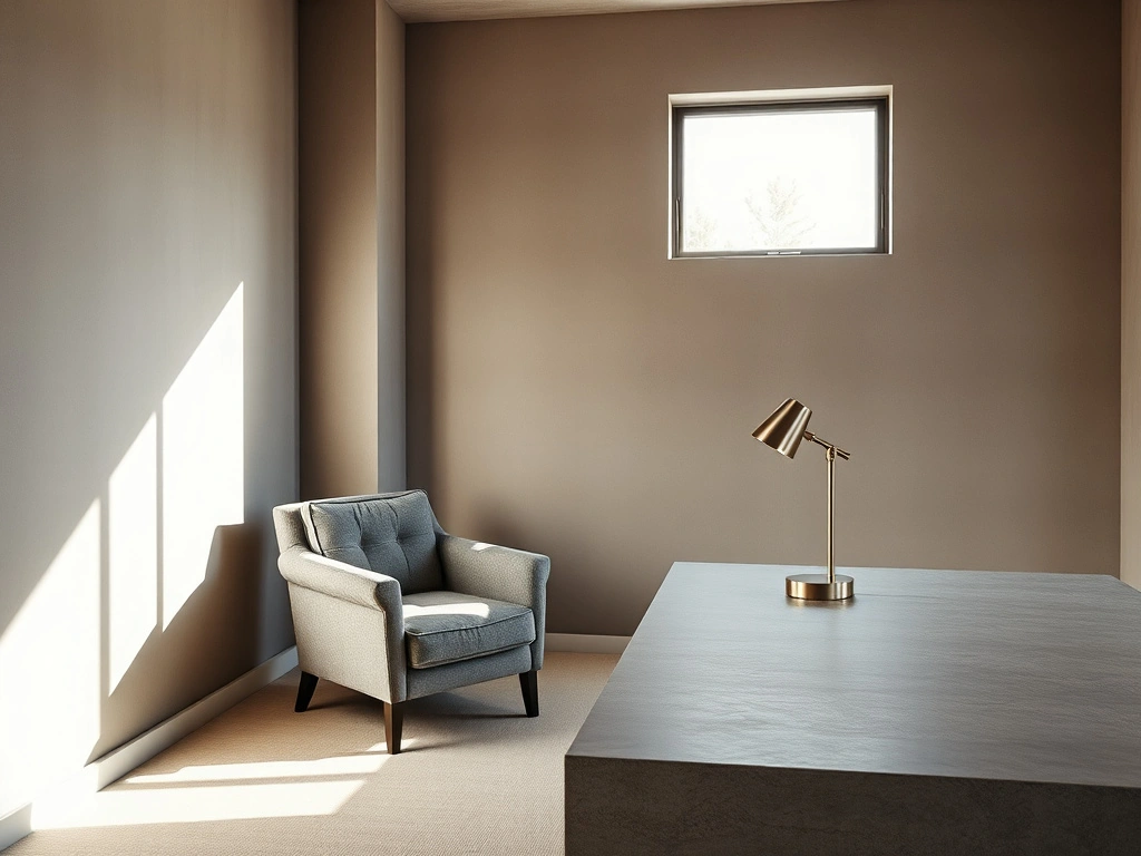 A sophisticated home office featuring a monochromatic palette of warm greys and soft taupes. the room is designed with a...