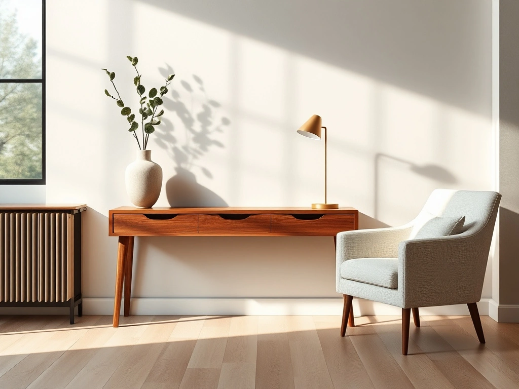 A sophisticated living room workspace. a sleek, minimalist walnut console desk with clean lines sits against a plaster wall...