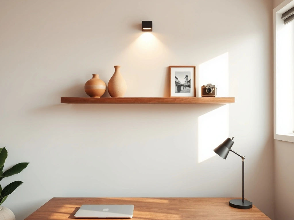 A sophisticated home office, focusing on a curated 'inspiration zone' above a sleek walnut desk. a minimalist, thick white...