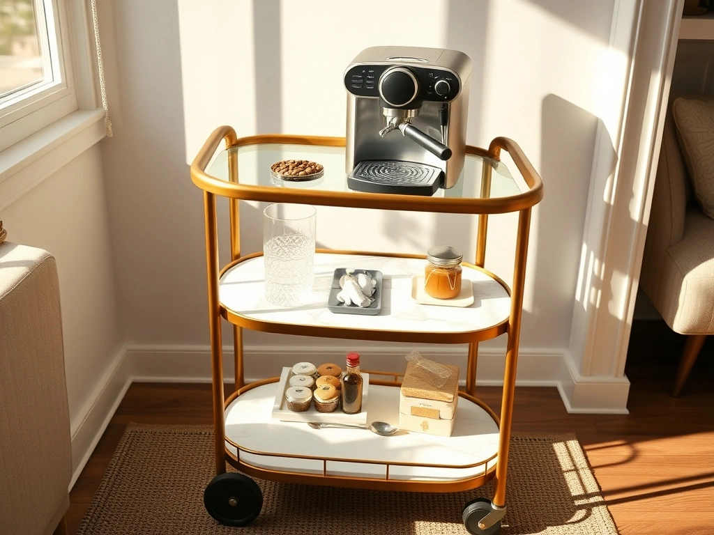 A sophisticated mobile coffee station styled on a tiered bar cart. the cart features a brushed brass frame with white marble...