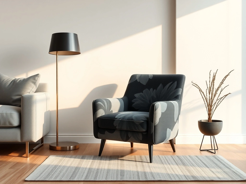 A sophisticated modern living space featuring a single statement accent chair upholstered in an oversized, painterly...