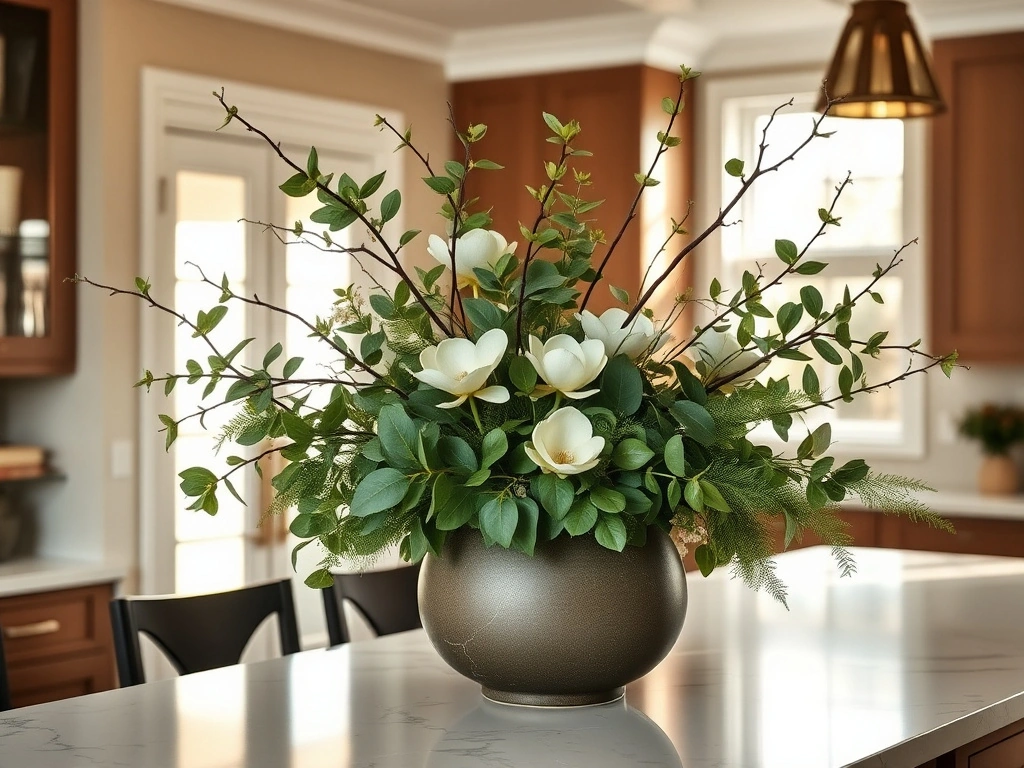 A sophisticated hybrid floral arrangement centerpiece on a kitchen island. the arrangement features a base of high-end...