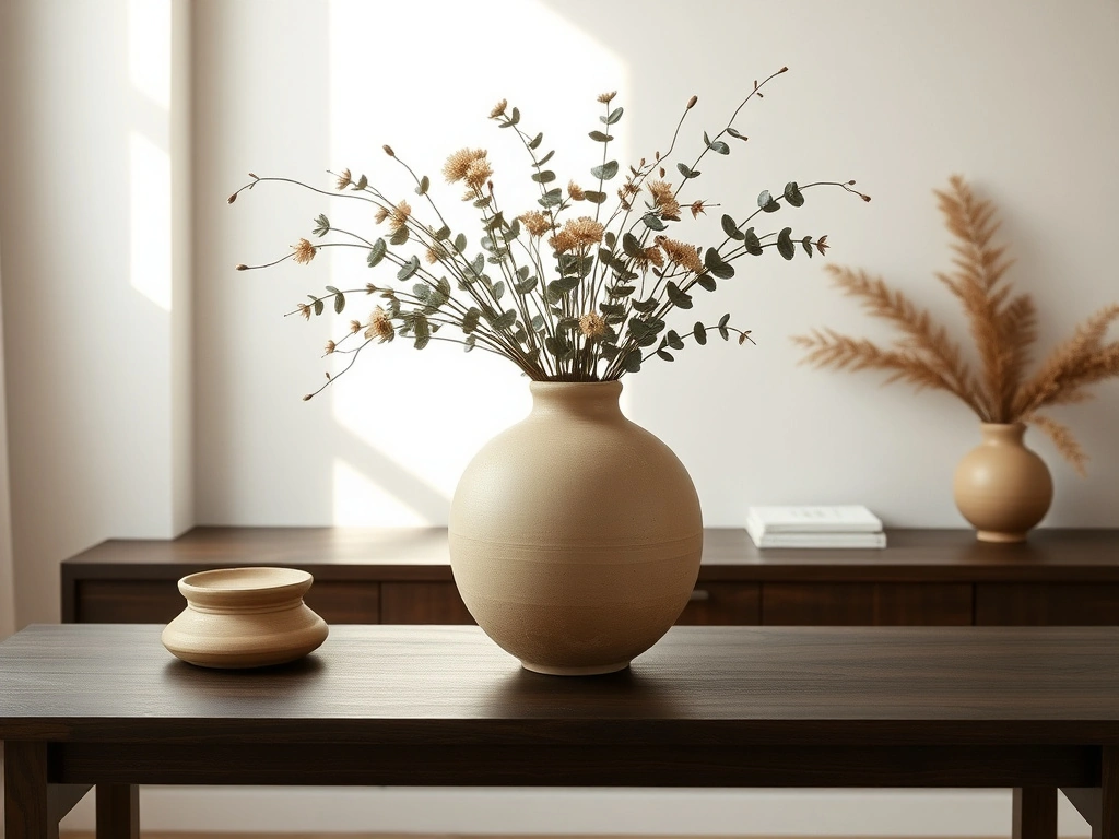 A minimalist scandinavian living space, focusing on a curated floral arrangement on a matte dark oak console table. the...