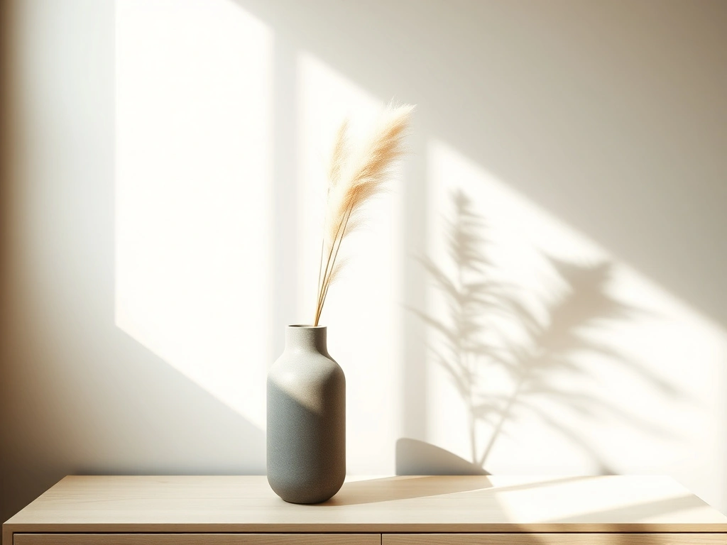 A minimalist home office corner. a single, tall, hand-crafted matte stone vase sits on a light white oak console table...
