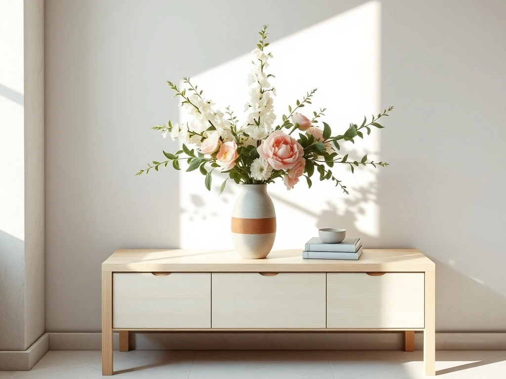 A sophisticated, professional floral arrangement placed on a minimalist white oak console table. the arrangement features a...