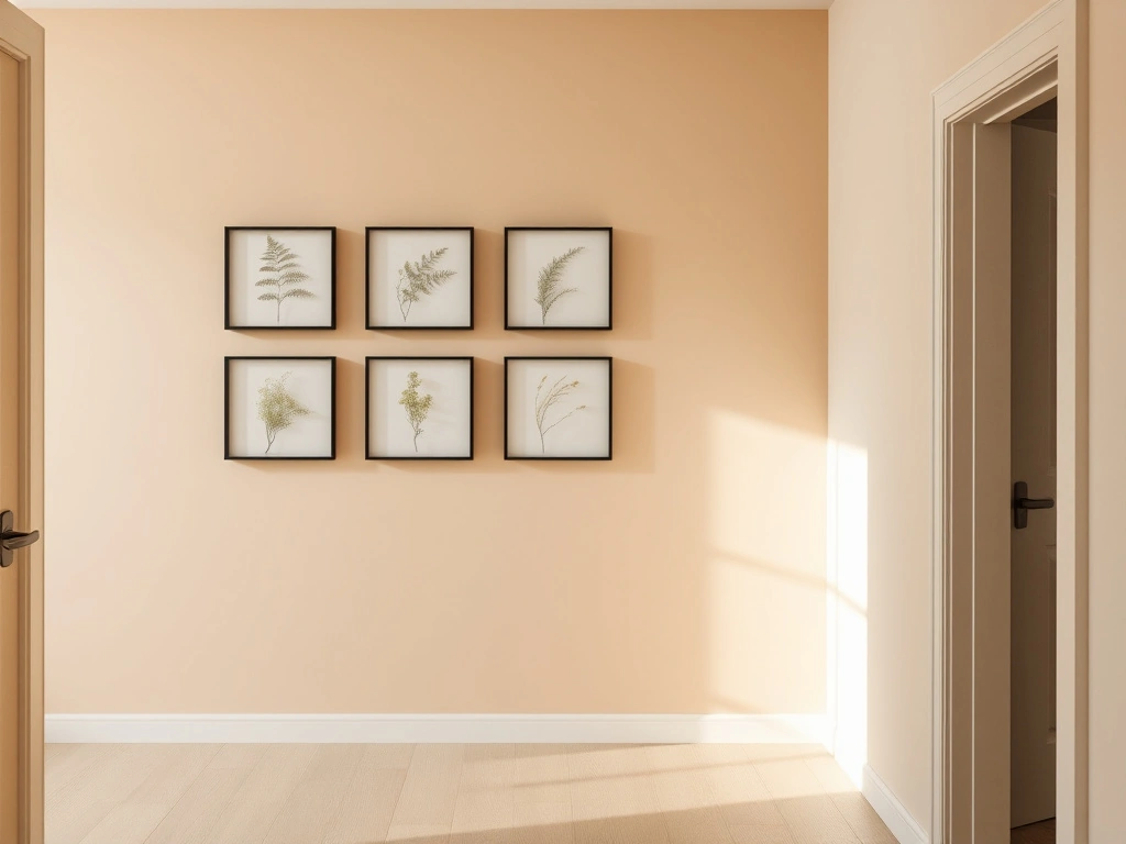 A sophisticated minimalist hallway. on a soft, warm-toned plaster wall, a perfectly aligned grid of six identical floating...