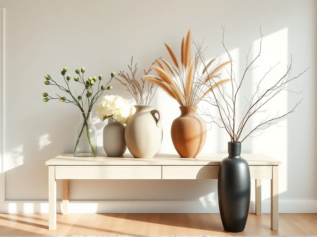 A sophisticated seasonal floral display transition on a minimalist white oak console table. the scene features a curated...