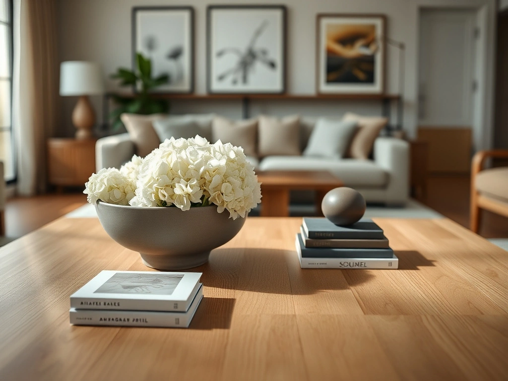 A modern living room coffee table, eye-level shot with a 35mm professional interior lens. a low, wide-mouthed matte ceramic...