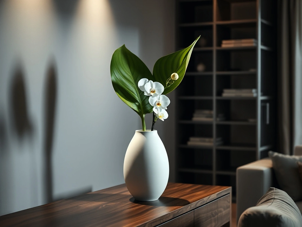 A sophisticated, dimly lit modern living room corner. a sleek, minimalist matte white ceramic vase sits on a dark walnut...