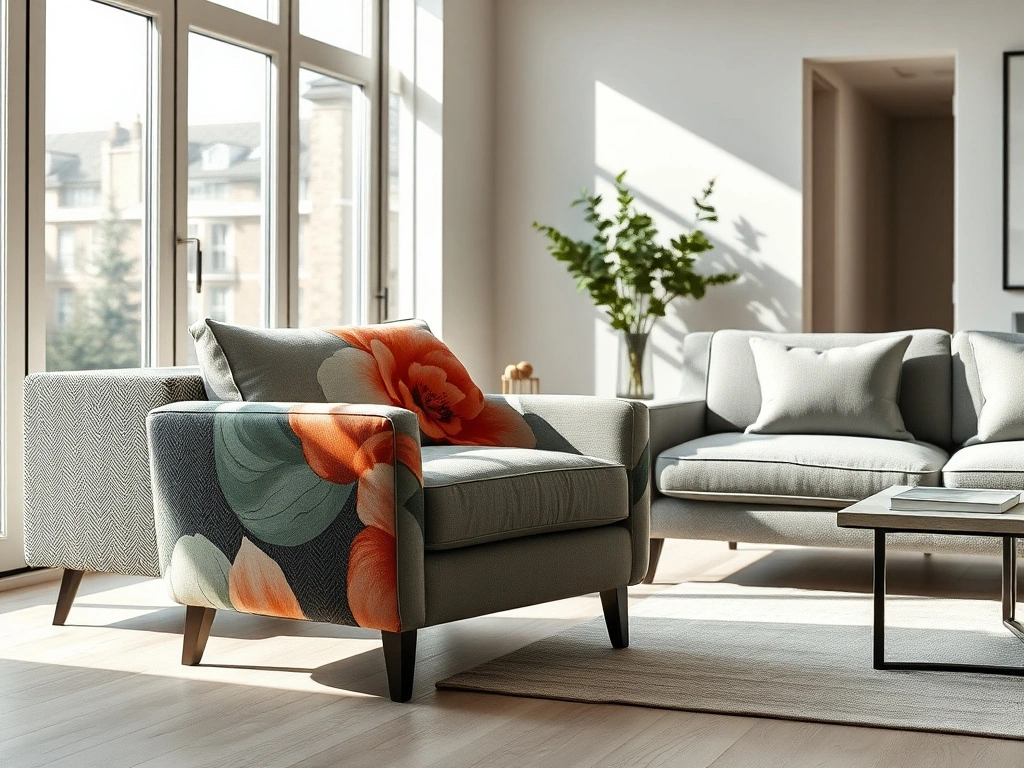 A modern living room. a single, high-end accent armchair upholstered in a bold, large-scale painterly floral print with...
