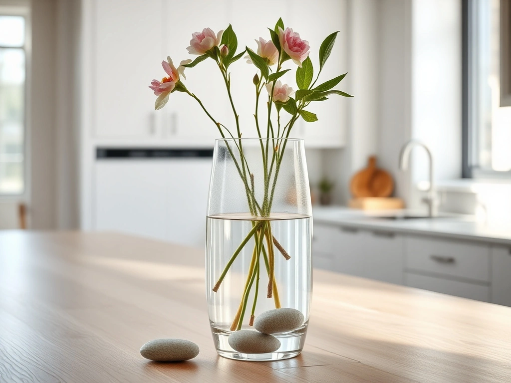 A luxurious, minimalist kitchen island, featuring a crystal-clear glass vase containing a fresh, elegant floral arrangement...