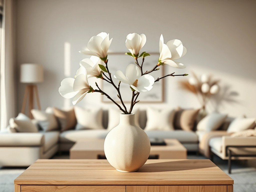 A minimalist living room featuring a single high-quality faux magnolia branch styled in a heavy, textured cream ceramic...