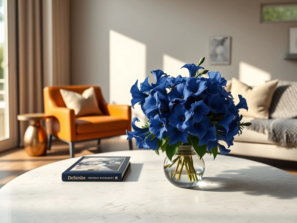 A sophisticated living room space featuring a curated floral arrangement on a minimalist travertine coffee table. the...