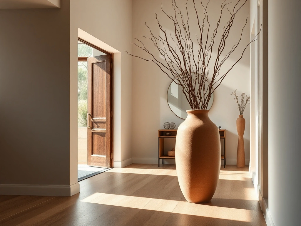 A sophisticated modern entryway. a large-scale, hand-thrown matte clay floor vase sits elegantly in a corner, serving as a...