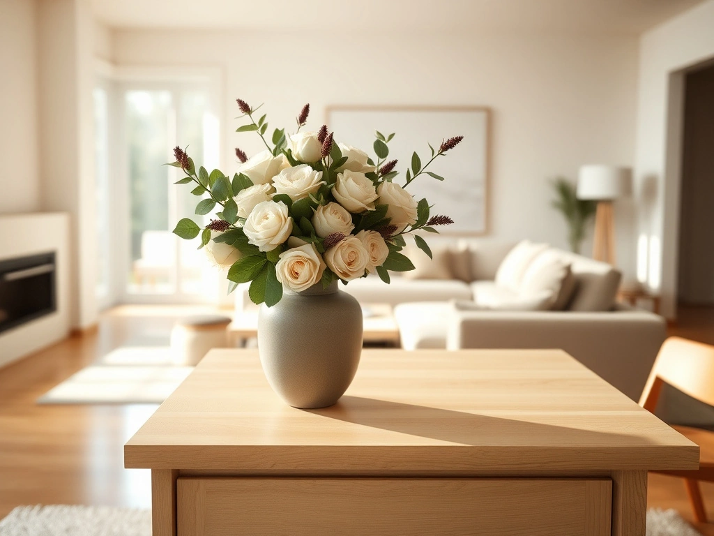 A sophisticated, modern minimalist living space. on a polished white oak console table sits a curated, high-end floral...