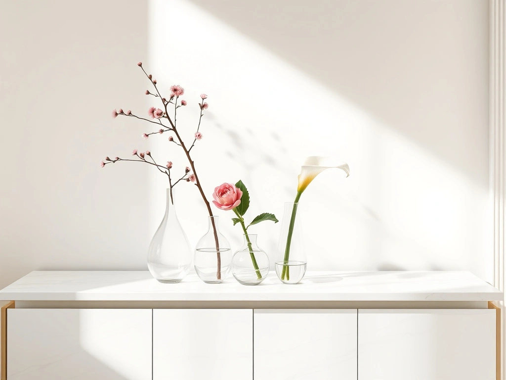 A sophisticated minimalist vignette on a honed white marble console table. three elegant, hand-blown glass bud vases of...
