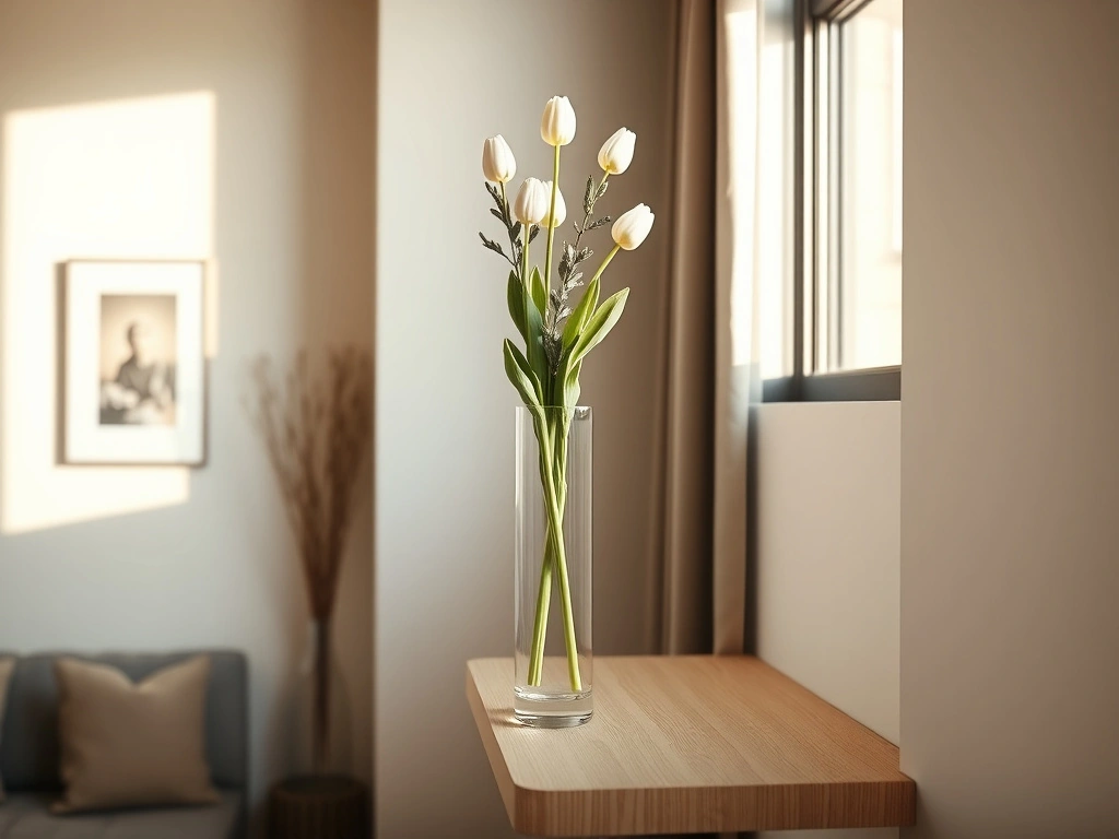 A sophisticated, compact modern apartment living area. a tall, slender clear glass cylinder vase sits on a high, minimalist...