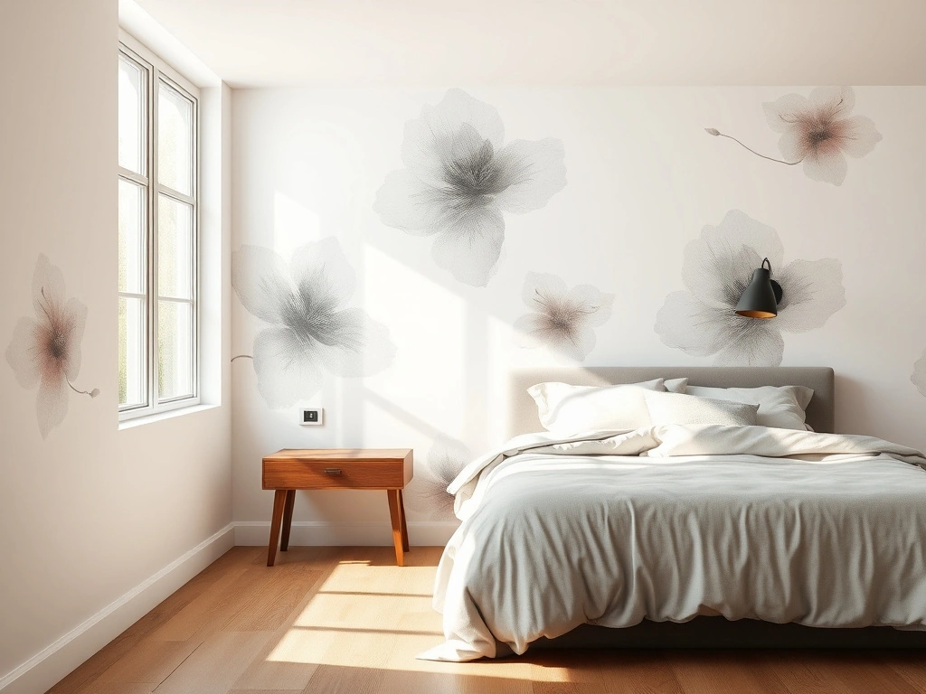 A sophisticated modern bedroom featuring a single accent wall covered in oversized, watercolor-inspired botanical wallpaper...