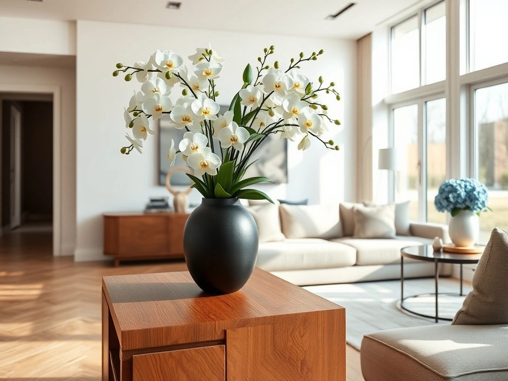A modern luxury living room, featuring a large, dramatic 'hero' floral arrangement of white orchids and greenery in a...