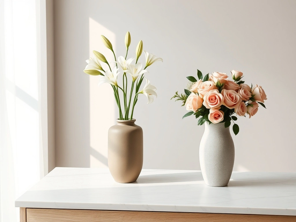 A modern minimalist dining room console table. a professional floral arrangement serves as a central focal point, featuring...