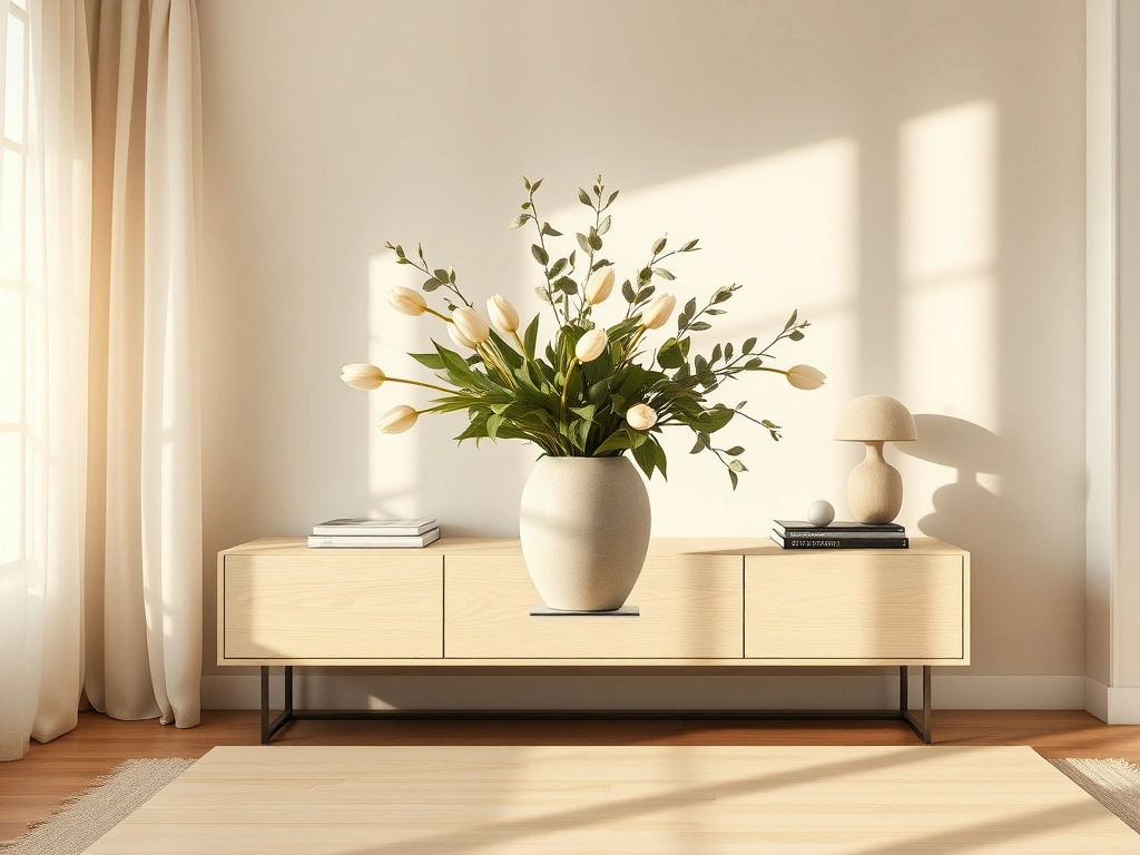 A modern, airy living room featuring a curated seasonal floral arrangement on a minimalist white oak console table. the...
