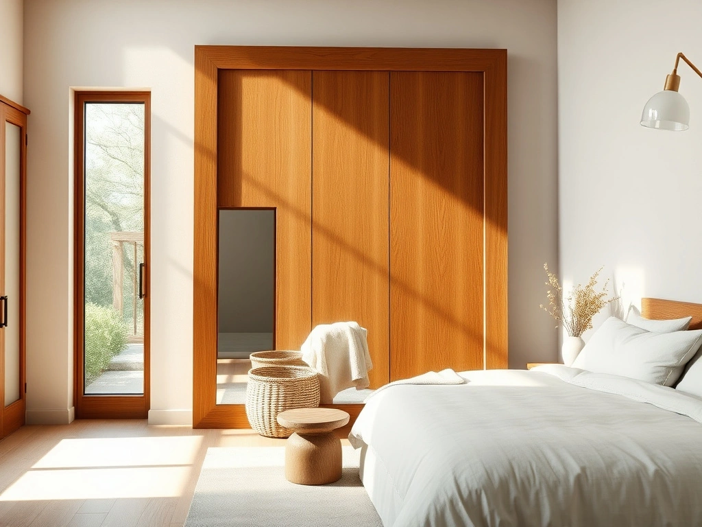 A luxurious primary bedroom featuring a massive floor-to-ceiling oversized leaner mirror with a thick, warm reclaimed oak...