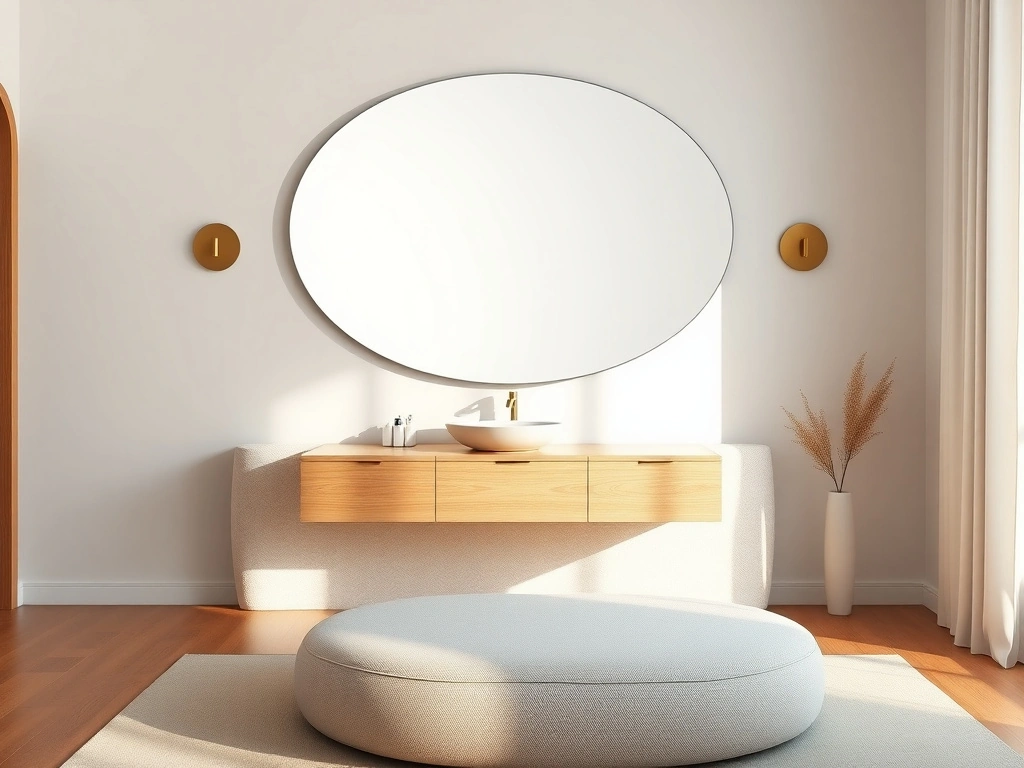 A serene, sophisticated bedroom featuring a large, pebble-shaped asymmetrical mirror mounted above a minimalist floating...