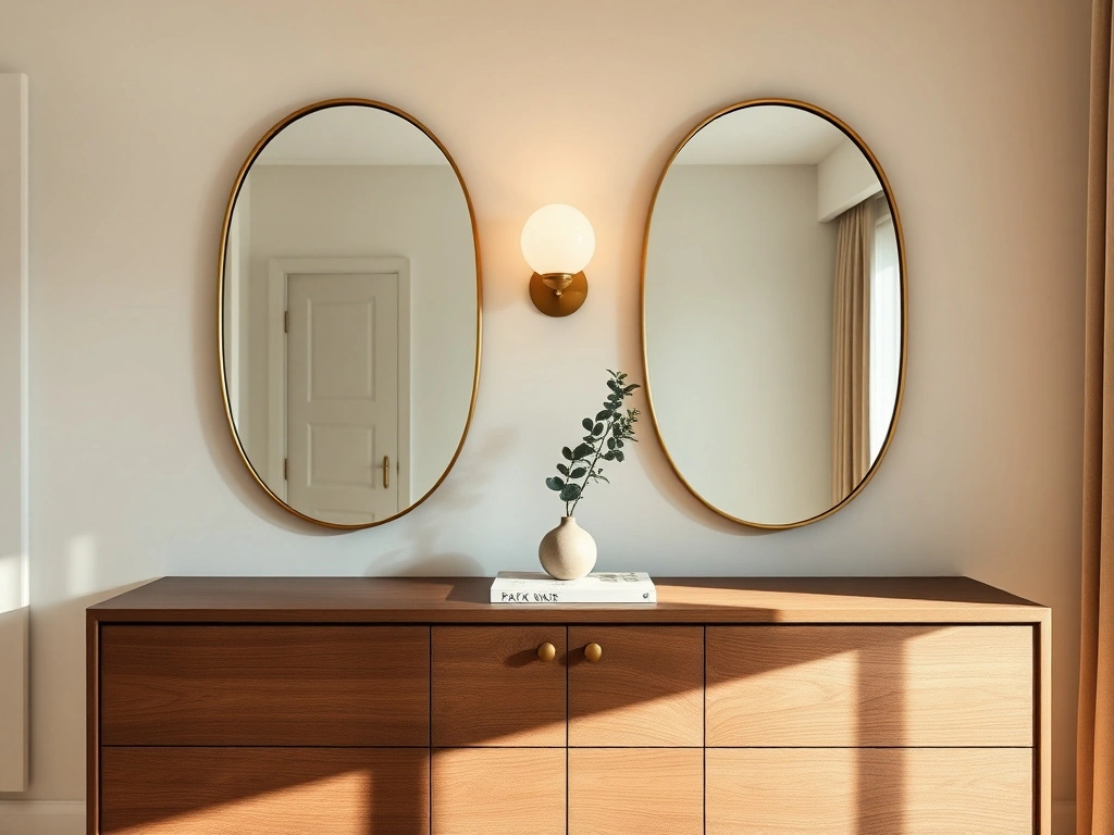 A luxurious primary bedroom vanity area. a wide, minimalist walnut wood dresser serves as the base, featuring two identical...