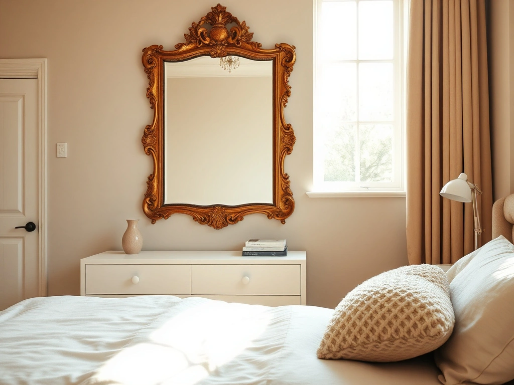 A romantic bedroom featuring a large, ornate antique gilded mirror with a rich, distressed gold patina hanging above a...